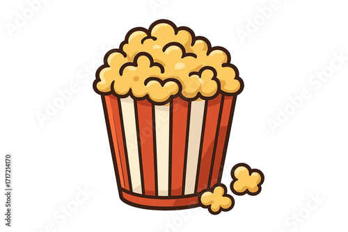 Popcorn icon in red and white striped bucket. Cinema food symbol for movie night entertainment. Vector cartoon illustration of a classic retro snack, isolated element.