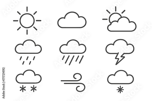 Weather forecast icon set. Minimalist line art collection of vector symbols like sun, cloud, rain, snow, wind, and storm. Outline doodle illustration for web and apps.