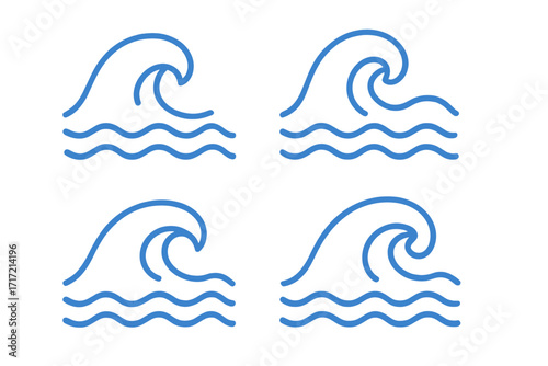 Wave icon set. Simple sea waves collection. Line style water symbol. Vector illustration. Ocean, surf, tide graphic element. Aquatic flow fluid sign for design. Minimalist aqua logo concept.