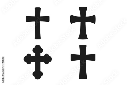 Set of black Christian cross silhouettes. Vector graphic icon collection. Religious faith and spirituality symbol for Easter. Different shapes of crucifix signs. Flat design.