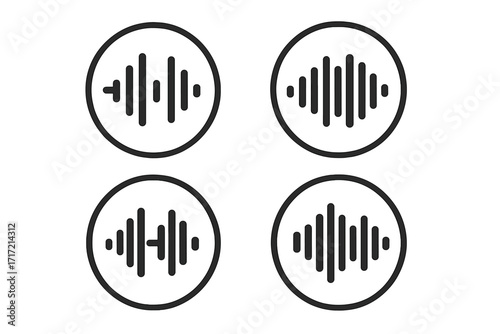 Round sound wave icon set. Vector audio waveform and equalizer symbols. Music or voice recording concept. Digital soundwave, frequency signal, and volume level illustration.