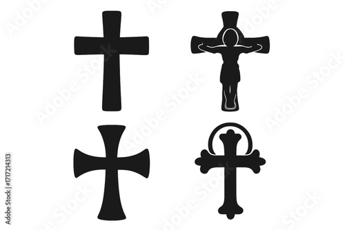 Christian cross icon set. Religious symbols collection with crucifix, Latin and Celtic crosses. Flat vector silhouette illustration for faith, spirituality, and church concepts.