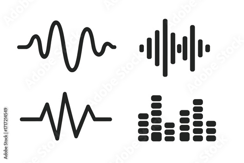 Vector sound wave icon set. Audio equalizer, music waveform, voice recording signal graphic. Soundwave, frequency, pulse, and rhythm icons for audio player or podcast design.