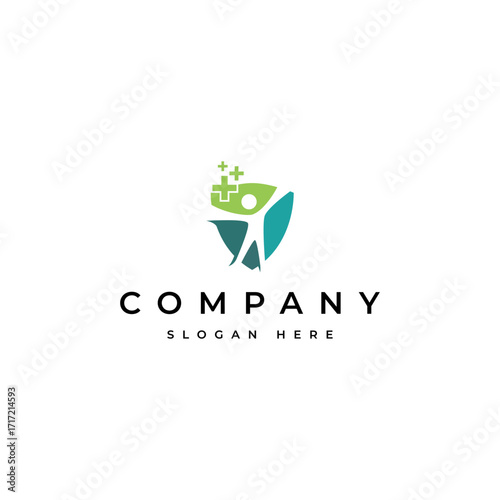 healthy living people logo with cross medical symbol icon in shield concept design form