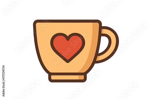 Mug with a heart vector icon. Love symbol on a coffee cup. Flat cartoon illustration for cafe menu, valentine's day, or morning breakfast. Cozy hot drink or beverage concept.