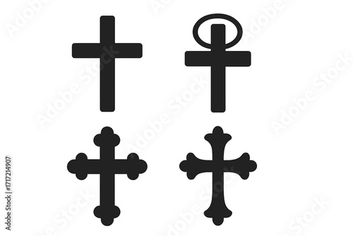 Christian cross vector icon set. Black silhouette collection of various crucifix shapes. Religious symbols of faith and spirituality. Graphic design elements for church and Easter.