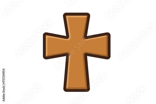 Wooden cross pattée, a symbol of Christianity. Religious faith and spiritual belief icon. Holy cartoon vector crucifix for church and Easter. Simple brown graphic element.