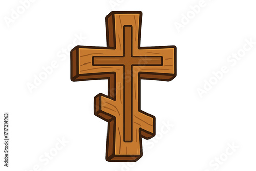 Wooden Orthodox cross vector icon. Russian Suppedaneum cross cartoon illustration. Religious symbol of Christianity made of wood with texture. Faith and belief concept design.