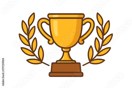 Golden trophy cup with laurel wreath. Winner prize icon. First place award symbol. Victory and success concept. Champion celebration vector illustration. Achievement leadership.