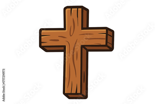 Wooden cross vector illustration. Christian religious symbol of faith, God, and Jesus. Cartoon style crucifix icon for Easter and church concepts. 3D wood texture graphic.