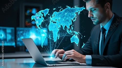 Businessman interacting with a holographic world map for global strategy and analysis