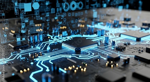 Close-up view of a computer processor with glowing blue digital circuits and components.