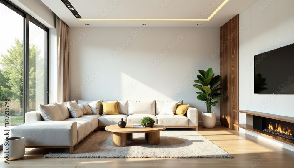 Fototapeta premium Bright, airy living room, subtle wall texture Modern lines, open plan , modern design, apartment decor, backdrop