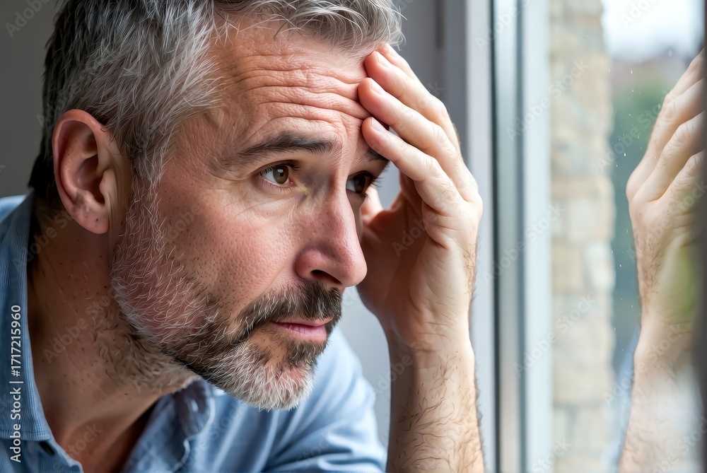 Obraz premium Contemplative moment of a man indoor setting portrait photography emotional environment close-up view reflection on life
