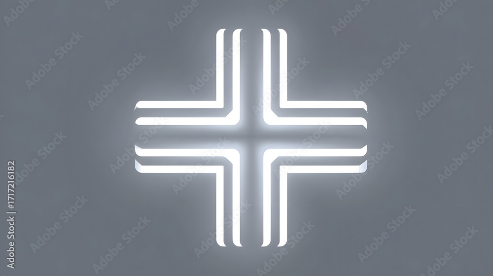 Obraz premium Minimalist and luminous Christian cross symbol displayed against a simple gray background, creating a striking visual contrast and highlighting the religious significance of the design.