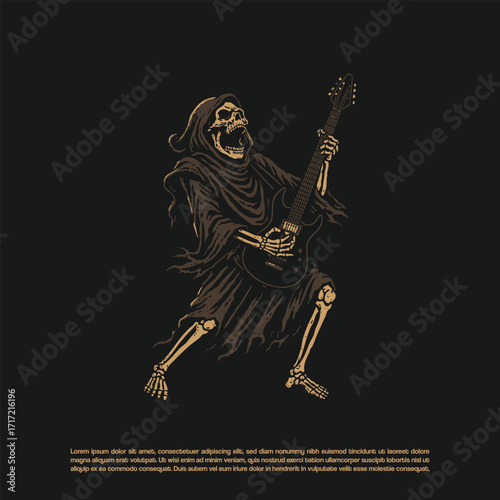 Hand drawn grim reaper playing electric guitar. metal, punk, rock theme illustration
