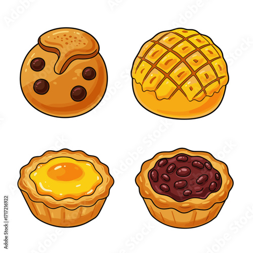 Collection of Asian Snacks themed icons, including Fortune Cookie, Pineapple Bun, Egg Tart, Red Bean Paste