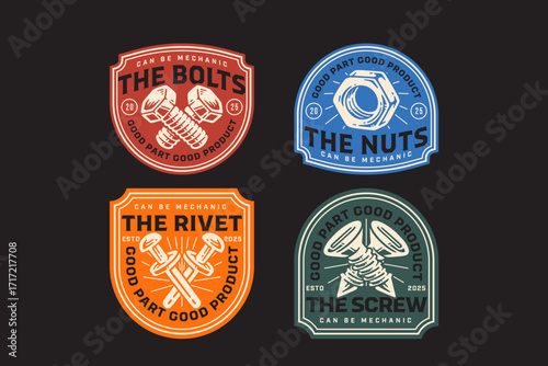 bolts crossed, nut, rivet, screw, mechanical fastener, small parts retro badge logo design collection set for industrial, construction, repair, workshop, mechanic shop. Vector Illustration