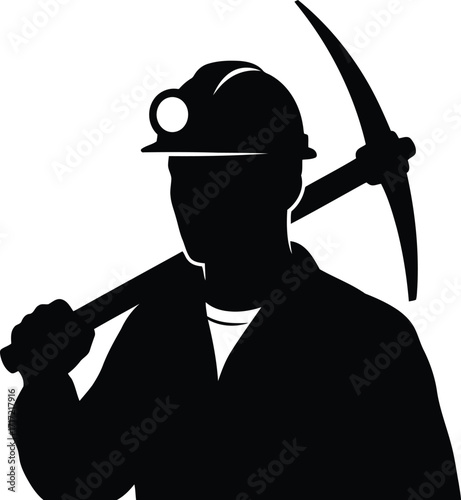 Miner silhouette with pickaxe and helmet emblem symbol of mining industry profession and hard labor vector
