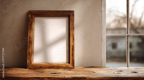 An empty wooden picture frame on a rustic wall  evoking warmth and simplicity in a cozy interior.