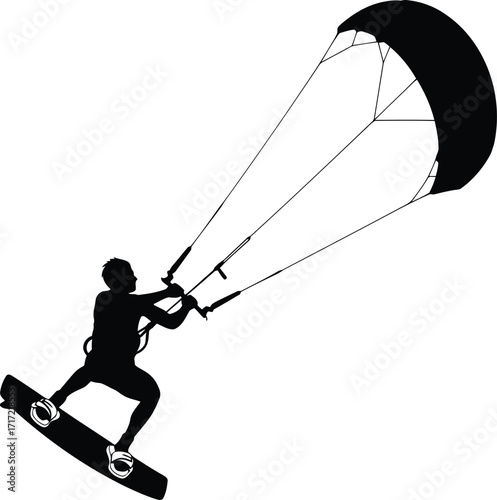 Silhouette of a kitesurfer on a board riding a wave with a large kite in the sky vector