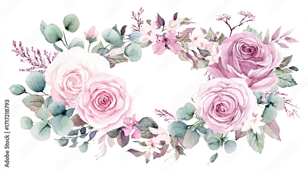 Naklejka premium Delicate watercolor floral wreath featuring pink roses, softly illuminated with elegant composition.