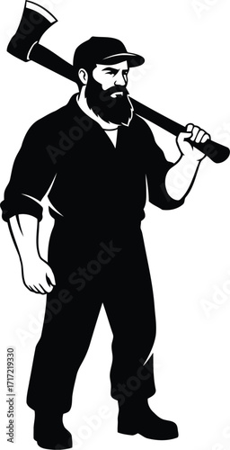 Strong lumberjack silhouette with axe on shoulder ready for work rugged male forest worker vector
