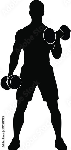 Silhouette of a man lifting dumbbells for strength training and fitness workout vector