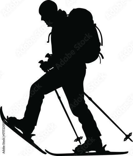Silhouette of hiker with snowshoes and poles trekking through winter landscape adventure vector