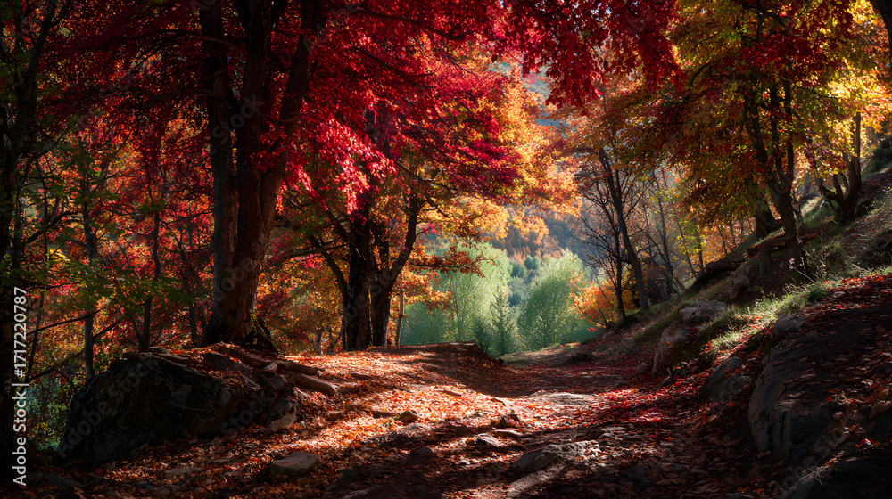 Obraz premium Colorful autumn forest with vibrant foliage and blue sky
