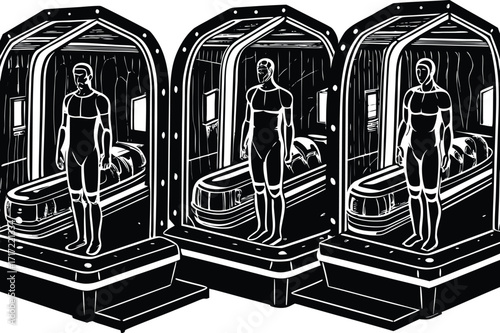 Vector art of a science fiction illustration of human cloning pods in a laboratory