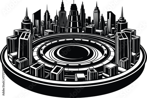 Vector art of a futuristic city on a platform with skyscrapers and buildings in a black and white design