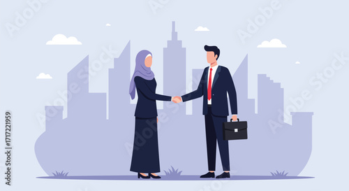 Vector art of a muslim woman in a hijab and a businessman in a suit shake hands in front of a city skyline, symbolizing partnership and agreement