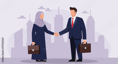 Vector art of a muslim woman in a hijab and a businessman in a suit shake hands in front of a city skyline