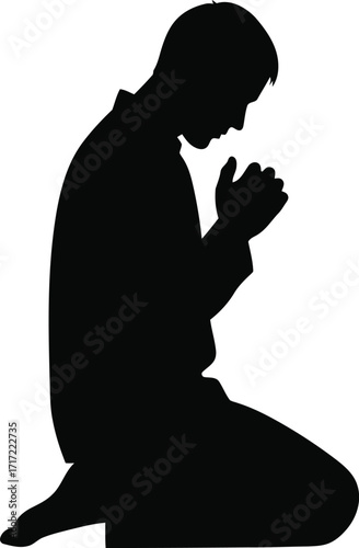 Silhouette of person kneeling in prayer hopeful faith spiritual devotion quiet contemplation respectful gesture vector