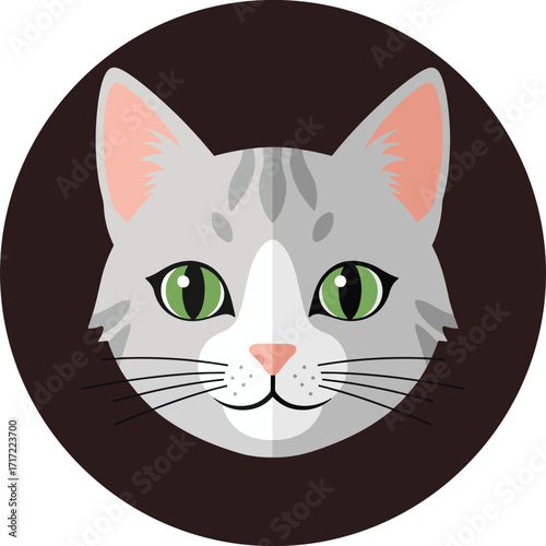 Vector icon of a cute grey tabby cat with green eyes