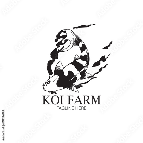A modern and minimalist vector logo design featuring a dynamic koi fish, subtly intertwined with abstract water or wave elements