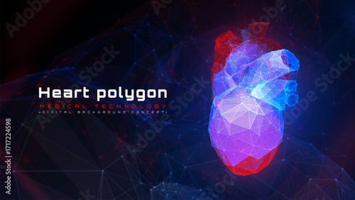 Red glowing polygonal heart on neon mesh background, medical future technology backdrop design concept.