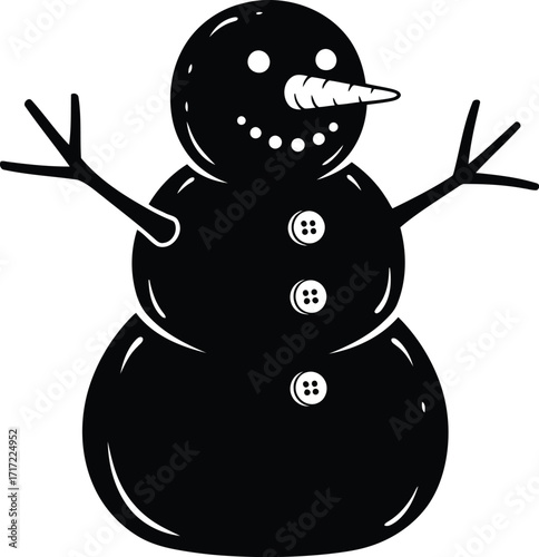 Stylized black silhouette snowman festive winter character with carrot nose and stick arms isolated vector