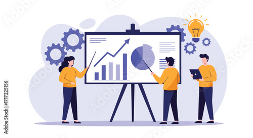 Vector art of team presenting a business growth chart on a whiteboard with gears and a lightbulb symbolizing ideas