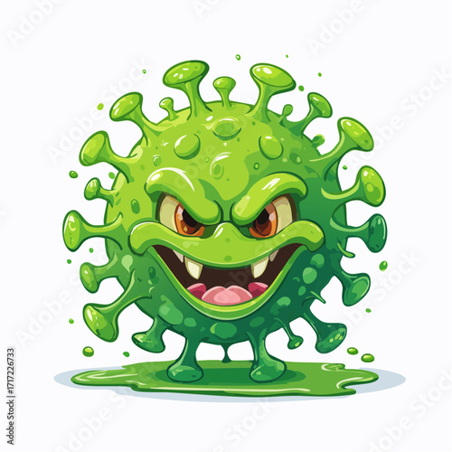 Cartoon illustration of a menacing green virus character with sharp teeth and angry eyes.