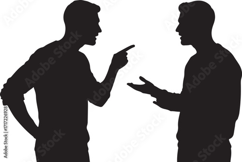 Conflict and Communication Silhouette Vector – Black and White Illustration of Two People Face-to-Face, Pointing Fingers, Debating or Discussing, Representing Disagreement, Dialogue, Partnership