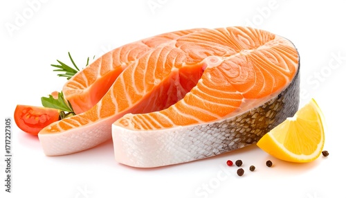 Fresh salmon slices with herbs and lemon