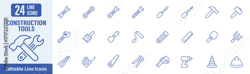 Construction Tools web icons in line style. Contains icons as construction tool, wrench, hammer, screwdriver, saw, paint, helmet and more. Vector illustration.