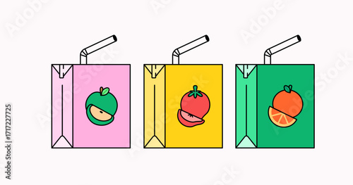 Three fruit juice boxes in pink, yellow, and green packaging. Each box features a fruit symbol including apple, tomato, and orange with a straw on top vector illustration for packaging, drink