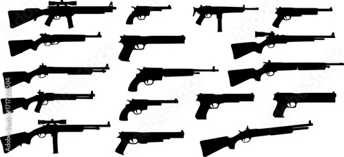 Graphic black detailed silhouette pistols, guns, rifles, submachines, revolvers and shotguns. Isolated on white background. Vector weapon and firearm icons set.