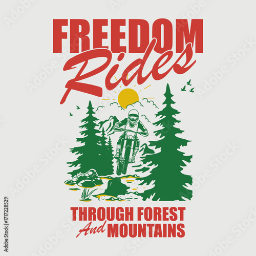 Hand-drawn motocross rider in a pine forest with mountain background. Vintage sketch style showing off-road adventure and nature