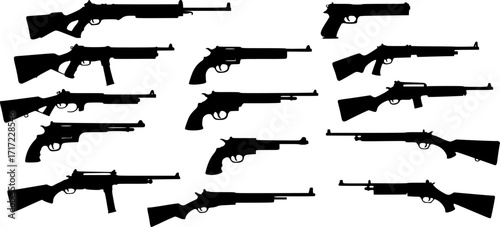 Graphic black detailed silhouette pistols, guns, rifles, submachines, revolvers and shotguns. Isolated on white background. Vector weapon and firearm icons set.