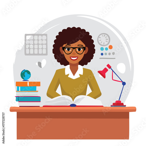 Happy African American woman sitting at her desk, studying with books and a lamp, embodying knowledge and education