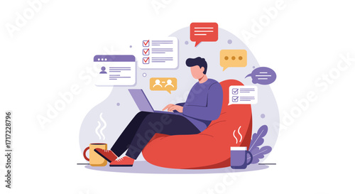 Vector art of man working on laptop in bean bag chair with coffee and chat bubbles, concept of remote work and communication